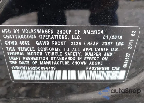 2013 Volkswagen Passat 2.0L Tdi Sel Premium from USA, damaged, VIN 1VWCN7A32DC094433